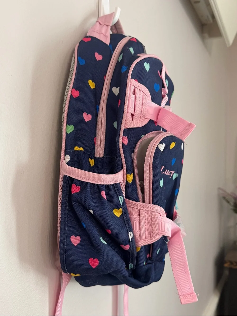 Pottery Barn Kids Navy & Pink Heart Backpack with Lucy Embroidered GUC